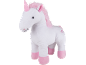 Licorne en peluche blanche avec crinière et sabots roses.
