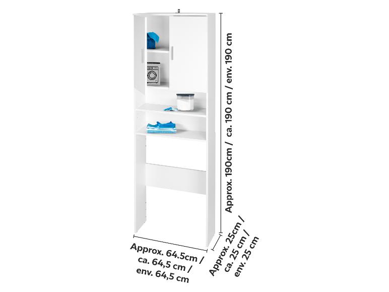 Meuble de buanderie blanc avec étagères et portes, montrant les dimensions.