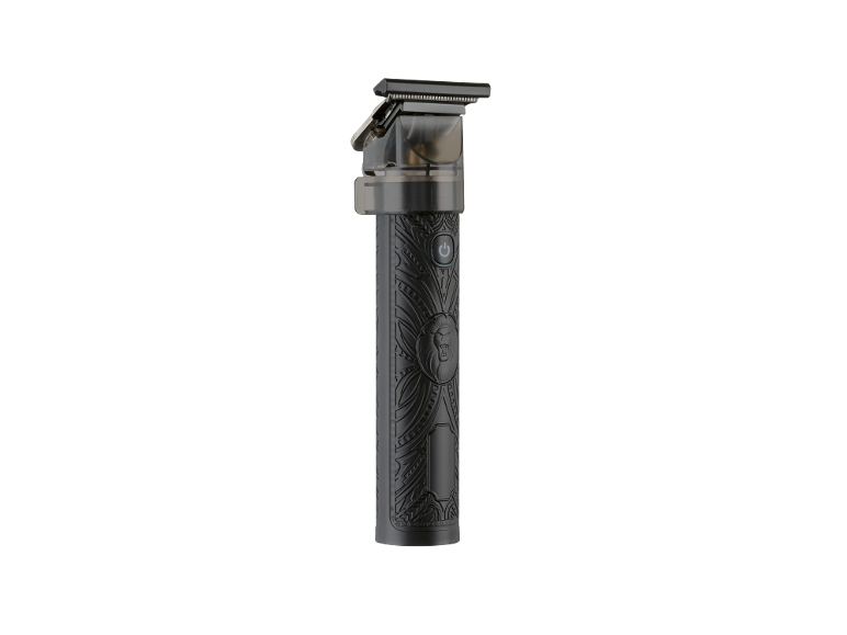 Tondeuse à cheveux noire avec poignée décorative et bouton d'alimentation