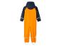 Une combinaison imperméable orange avec des détails bleus.