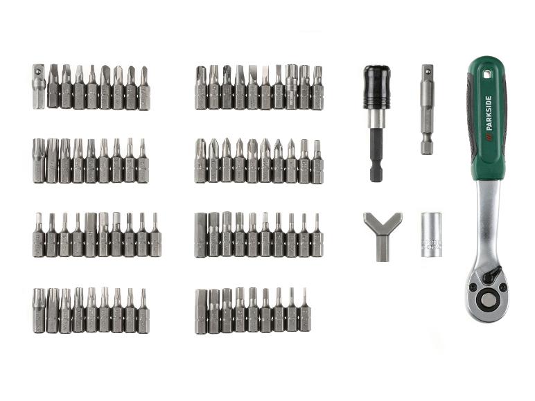 Jeu d'embouts de tournevis PARKSIDE avec poignée à cliquet, divers embouts et adaptateurs.