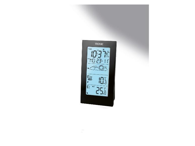 Station météo numérique avec écran LCD affichant l'heure, la date et la température.