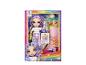 Poupée Rainbow High Junior High Violet Willow en pyjama avec pizza et accessoires.