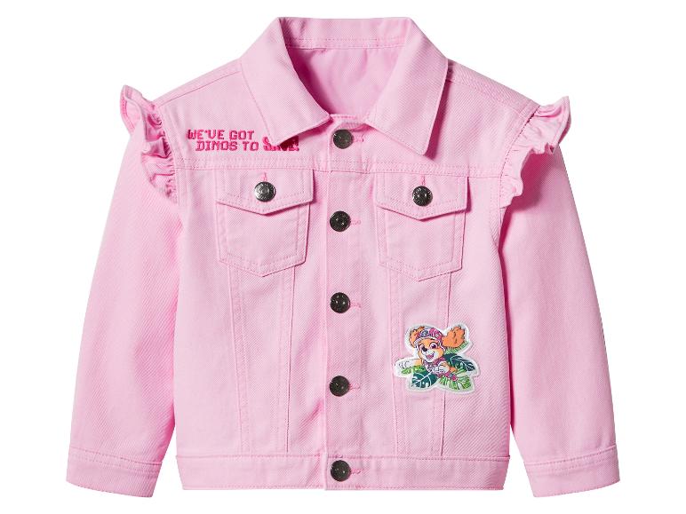 Veste en jean rose avec le texte « WE'VE GOT DINOS TO SAVE ! » et un écusson de chien de dessin animé.