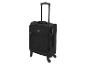 Valise trolley noire avec poignée télescopique et quatre roulettes.