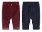 Deux paires de pantalons en velours côtelé pour bébé, un en rouge foncé avec des pois blancs et un en bleu foncé.