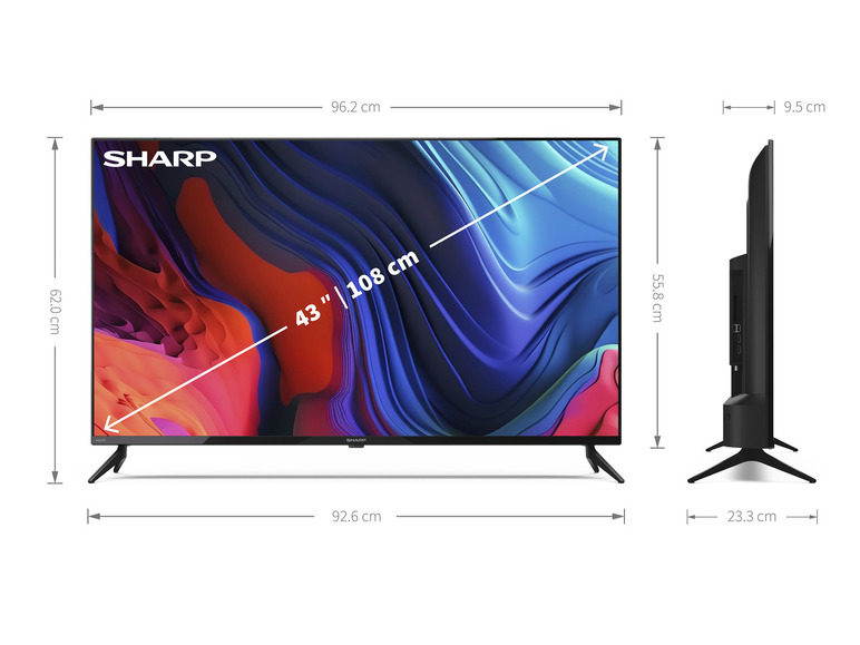 Un téléviseur Sharp Aquos de 43 pouces avec les dimensions.