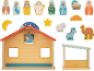 Ensemble de jeu de crèche en bois avec des figurines de personnes, d'animaux et de bâtiments.