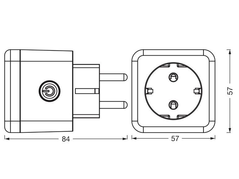 Dimensions : fiche de 84 mm de long et prise de 57x57 mm.