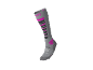 Chaussettes de ski grises avec rayures roses et noires.