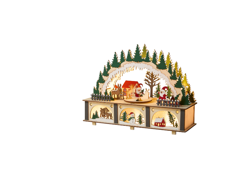 Arche de Noël décorative en bois avec éclairage LED chaleureux.