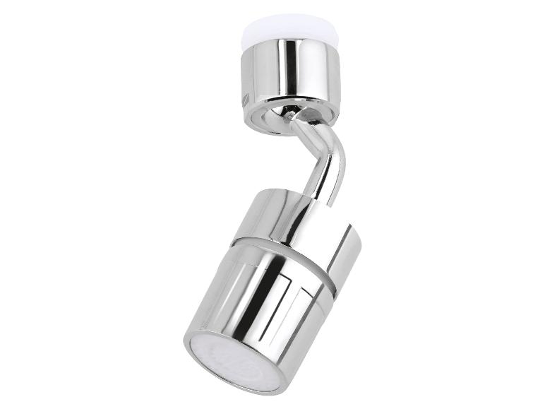 Aérateur de robinet chromé avec joint pivotant et tête de filtre blanche.
