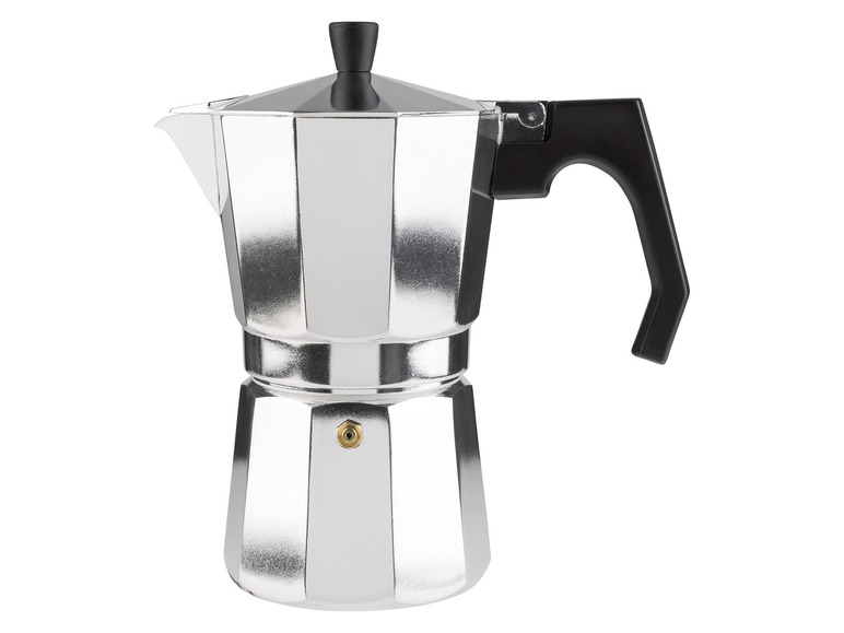Une cafetière en aluminium avec une poignée noire.