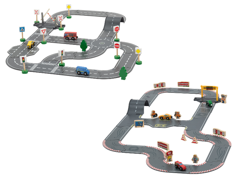 Deux ensembles de routes jouets : l'un avec la circulation urbaine, l'autre une piste de course avec voitures et figurines.