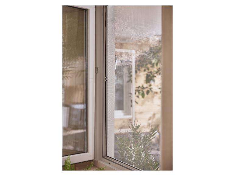 Fenêtre ouverte avec moustiquaire, offrant une vue sur un espace extérieur verdoyant.