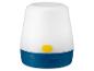 Lampe de camping blanche et bleue avec bouton jaune.