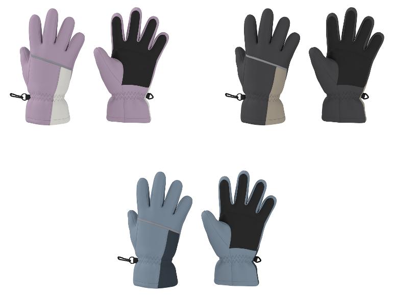 Trois paires de gants en violet, gris et bleu, montrées de face et de dos.