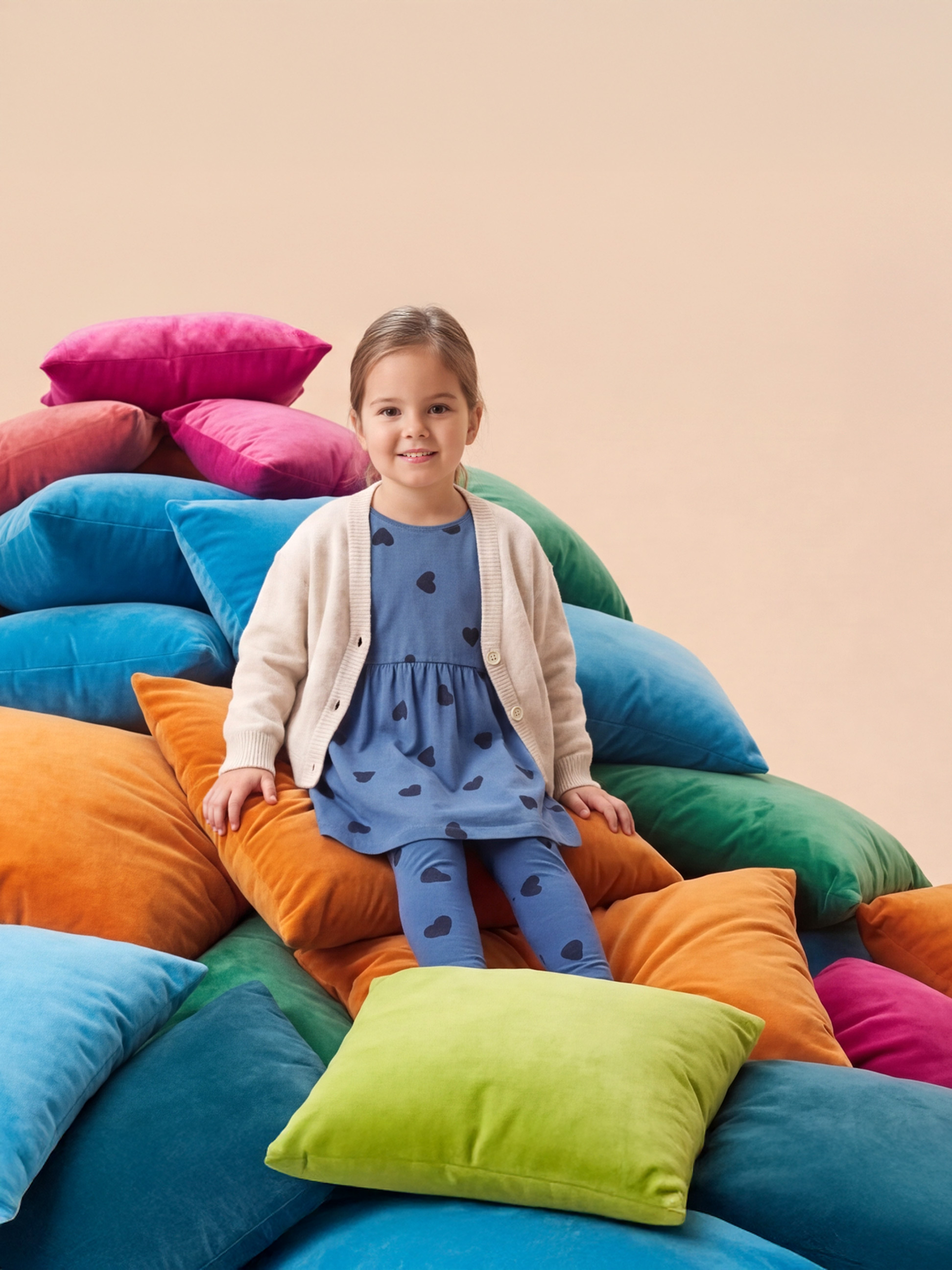 Fille souriante assise sur une pile de coussins colorés.