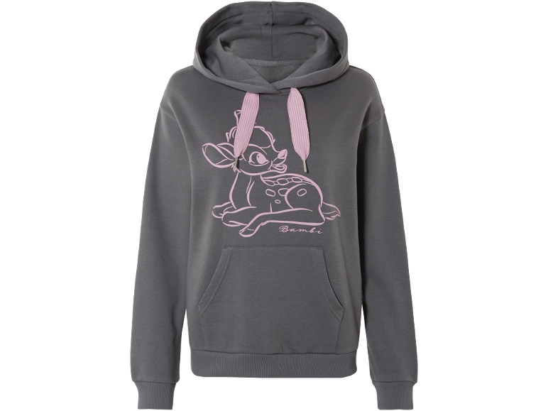 Sweat à capuche gris avec cordons roses, avec un dessin de faon rose et le mot « Bambi ».