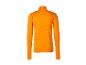 Maillot de sport orange à manches longues avec fermeture éclair au cou et coutures visibles.
