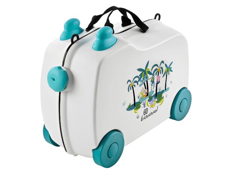 Valise enfant à roulettes, décor tropical et personnages. 