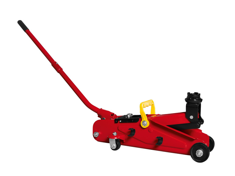 Un cric de voiture rouge avec une poignée noire.