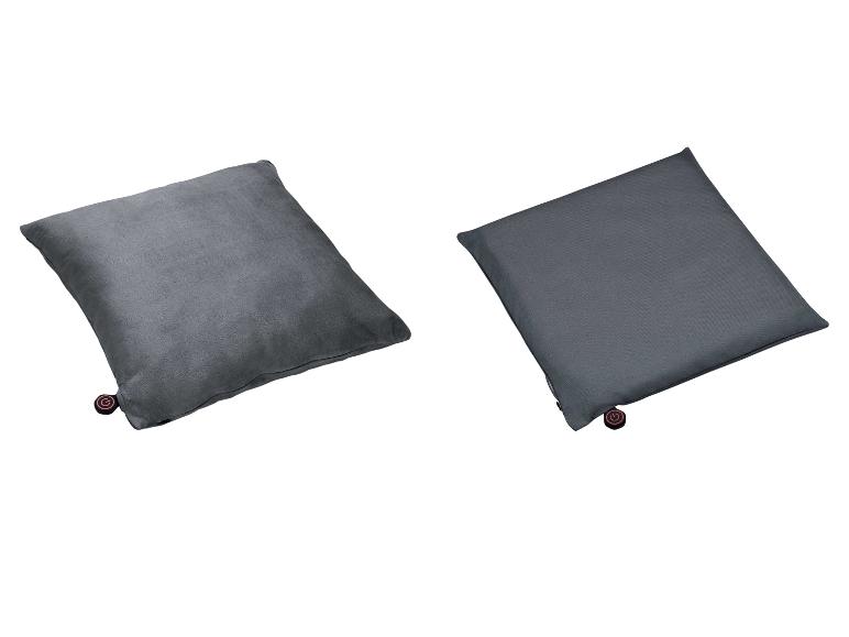Deux coussins de siège gris avec un symbole de bouton marche/arrêt rouge.