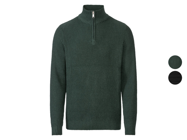 Un pull en maille vert foncé avec une fermeture éclair