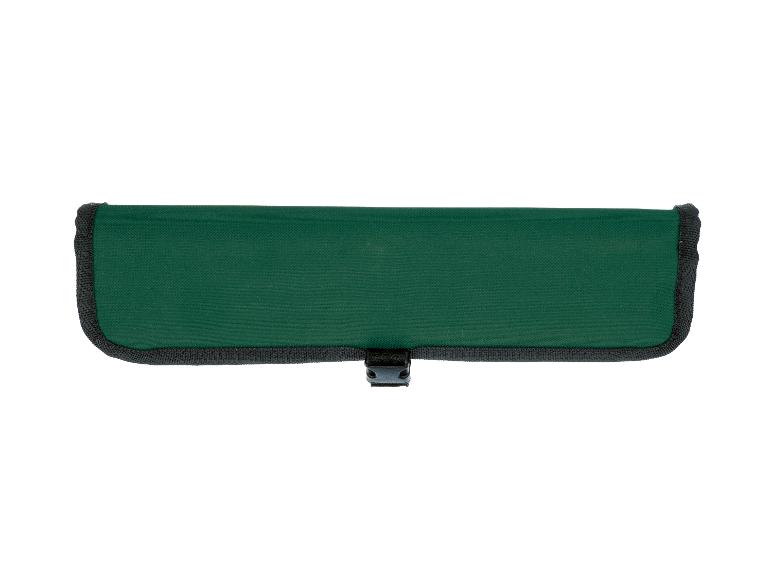 Un rouleau à outils en tissu vert avec une bordure noire et une boucle en plastique.