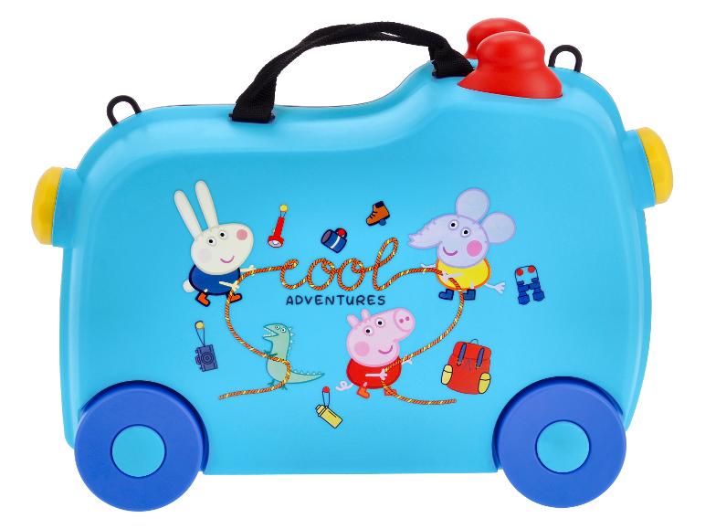 Valise enfant bleue avec personnages de dessins animés et le texte 'Cool Adventures'.