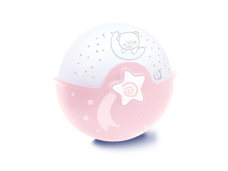 Veilleuse rose B.Kids en forme de boule, décorée d'étoiles et d'un ourson.