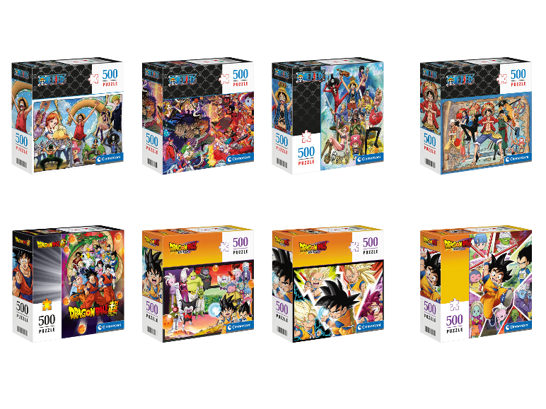Set de puzzles Clementoni de 500 pièces avec différents motifs Dragon Ball et One Piece.