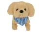 Un jouet en peluche de chien avec une bandana bleu rayée.
