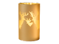 Bougie décorative avec des cerfs, illuminée de l'intérieur, créant une ambiance chaleureuse.