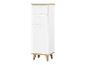 Armoire blanche avec deux tiroirs et une porte sur pieds en bois.