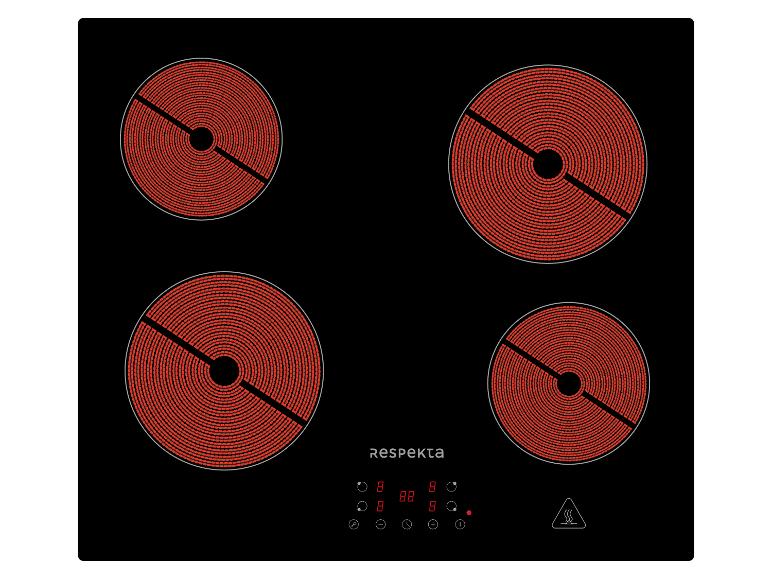 Table de cuisson vitrocéramique noire avec quatre zones de chauffe rouges et commandes tactiles.