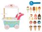 Chariot de crème glacée en bois avec accessoires assortis, y compris des bâtonnets et des cornets.