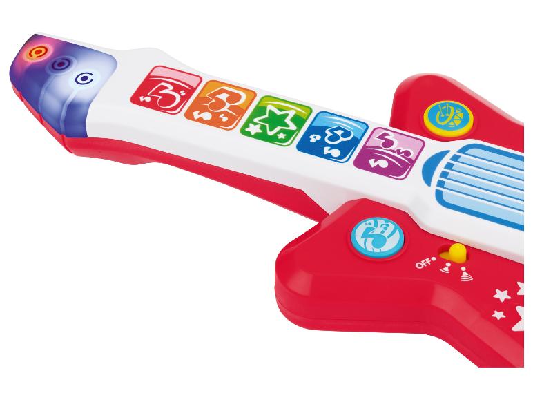 Guitare jouet rouge et blanche avec boutons colorés et lumières