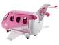 Un avion rose Barbie avec des ailes et des roues.