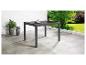Table de jardin en métal et verre gris foncé sur une terrasse avec plantes en pot et jardin.
