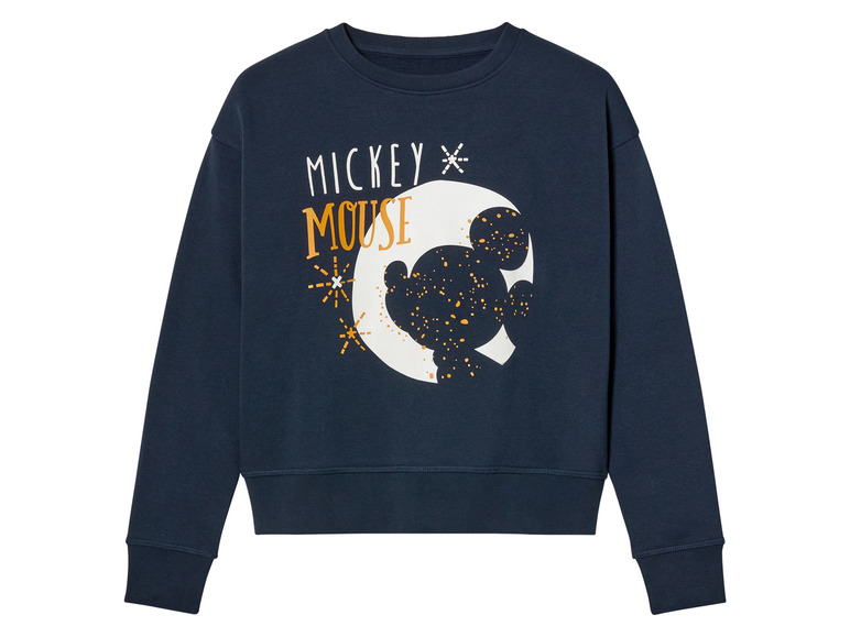Un sweat-shirt bleu marine avec un motif Mickey Mouse.