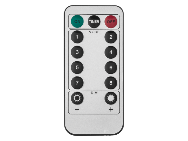Télécommande avec boutons ON/OFF, minuterie, modes 1-8 et réglage de l'intensité lumineuse.