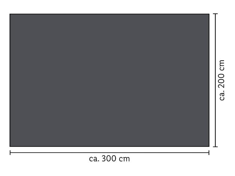 Tissu rectangulaire gris foncé mesurant environ 300 cm x 200 cm.