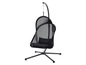 Fauteuil suspendu noir avec revêtement en maille et coussin.