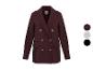 Veste femme croisée bordeaux avec boutons dorés et palette de couleurs.