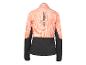 Veste de sport orange et noire avec un motif rayé et un cordon de serrage.