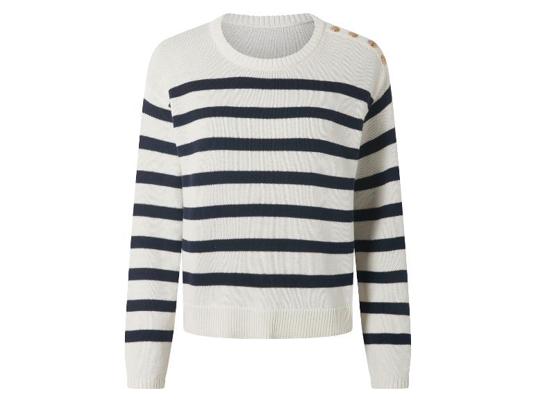 Pull rayé blanc et bleu marine avec boutons sur l'épaule.