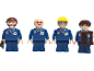 Quatre figurines de jeu d'employés de supermarché en uniforme bleu.