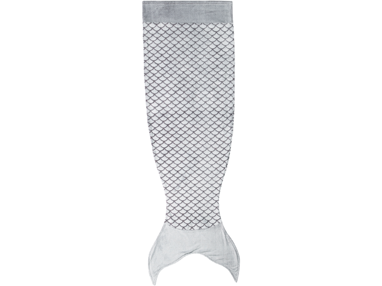 Couverture queue de sirène grise avec motif écailles, idéale pour les enfants.
