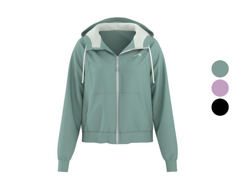 Veste à capuche femme vert clair avec cordon et fermeture éclair blancs, options de couleur.